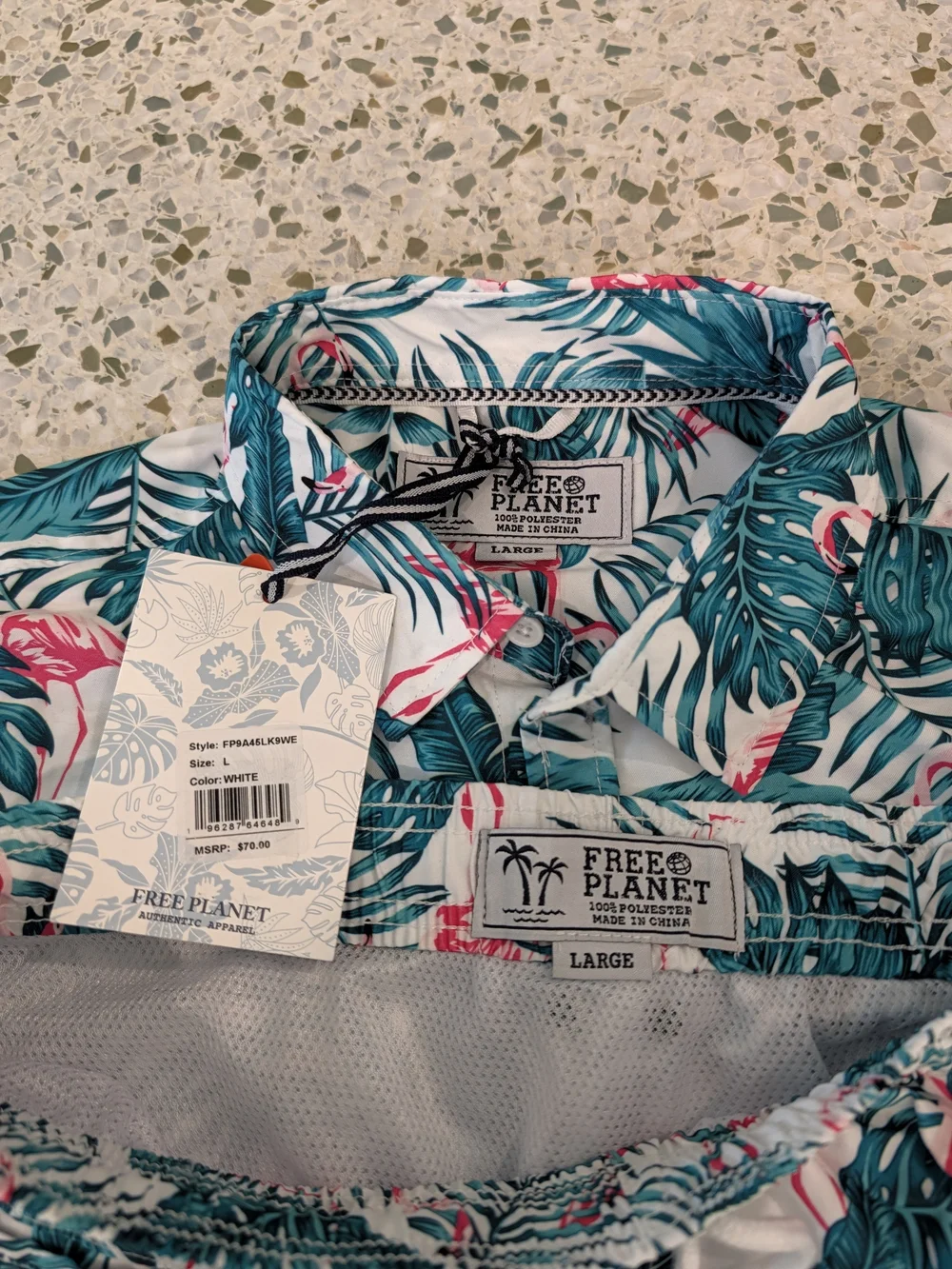 NWT Free Planet Men's 2 Piece Tropical Flamingo Surf & Swim Set